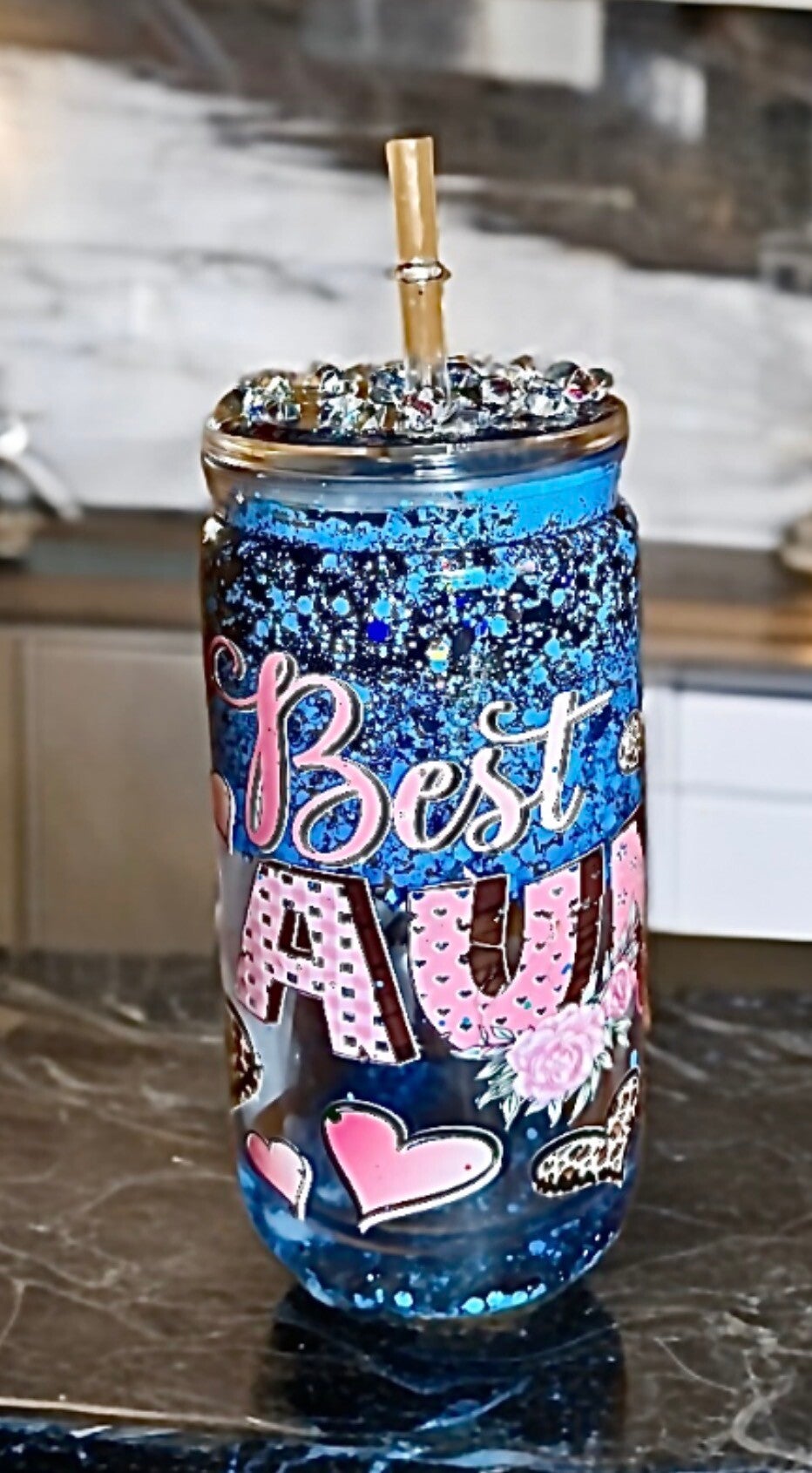 16 ounce Acrylic Snowglobe Tumbler “Best Aunt” with blue glitter