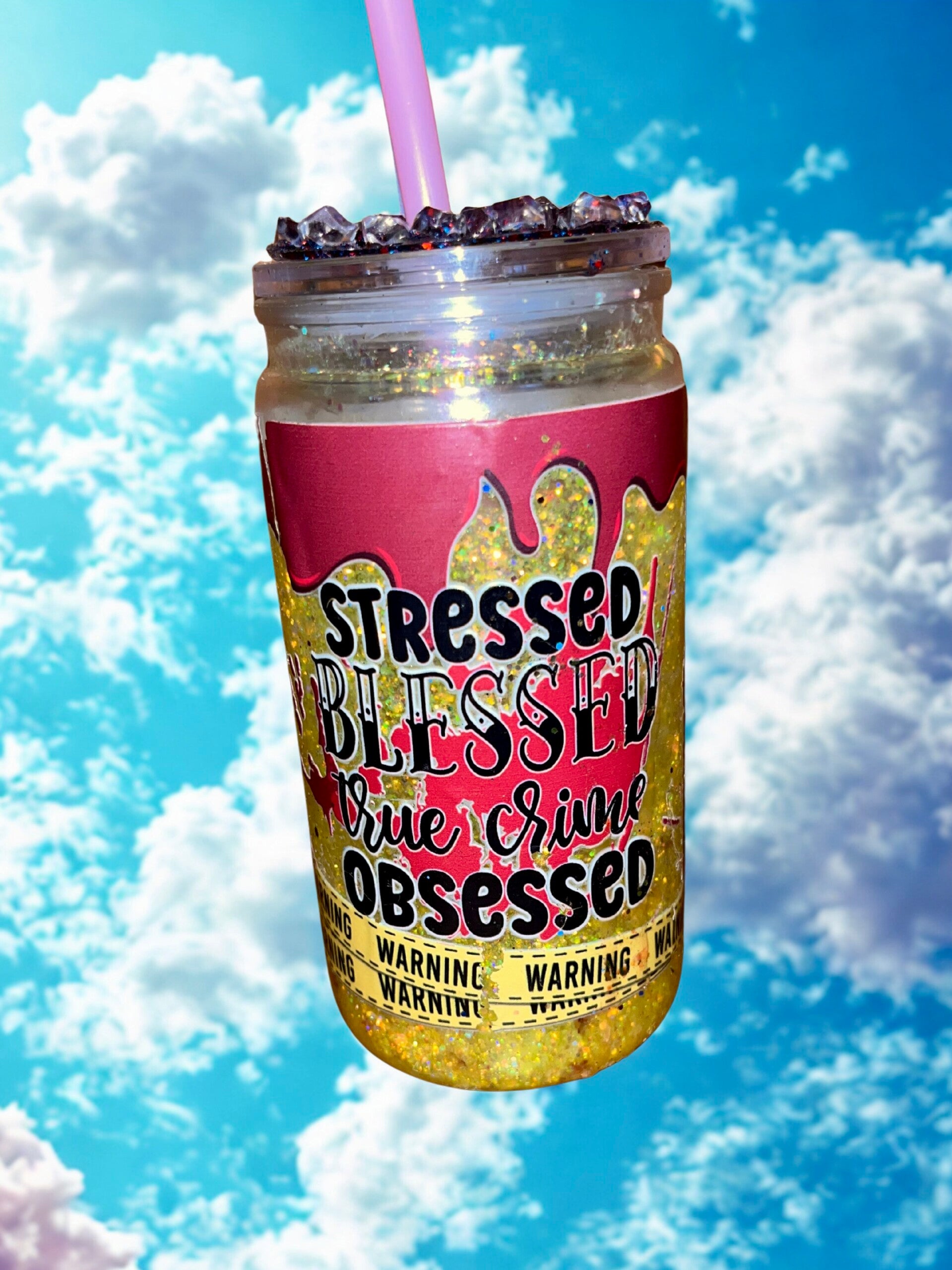 16 ounce Acrylic Snowglobe Tumbler “Stressed, Blessed & True Crime Obsessed”