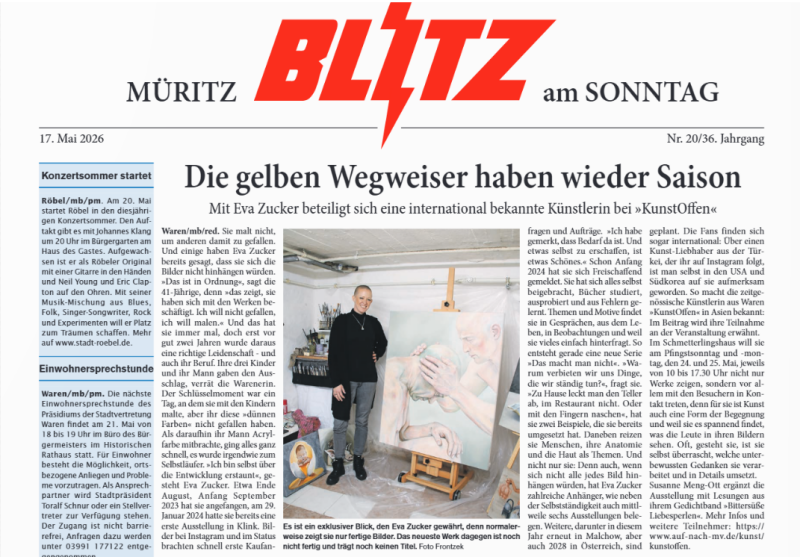 Screenshot eines redaktionellen Artikels über die Künstlerin Eva Zucker im „Müritz Blitz am Sonntag“ des Blitzverlags vom 17.05.2026. Der Bericht von Dirk Frontzek erschien im Rahmen von KunstOffen MV 2026 und zeigt Eva Zucker im Atelier.