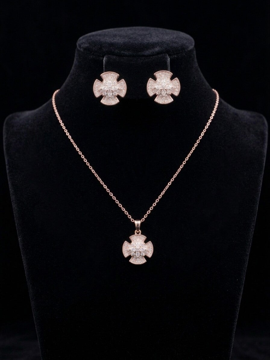 Rose Gold Pavé Cross Pendant & Earring Set