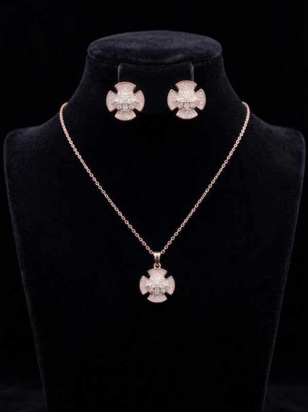 Rose Gold Pavé Cross Pendant & Earring Set