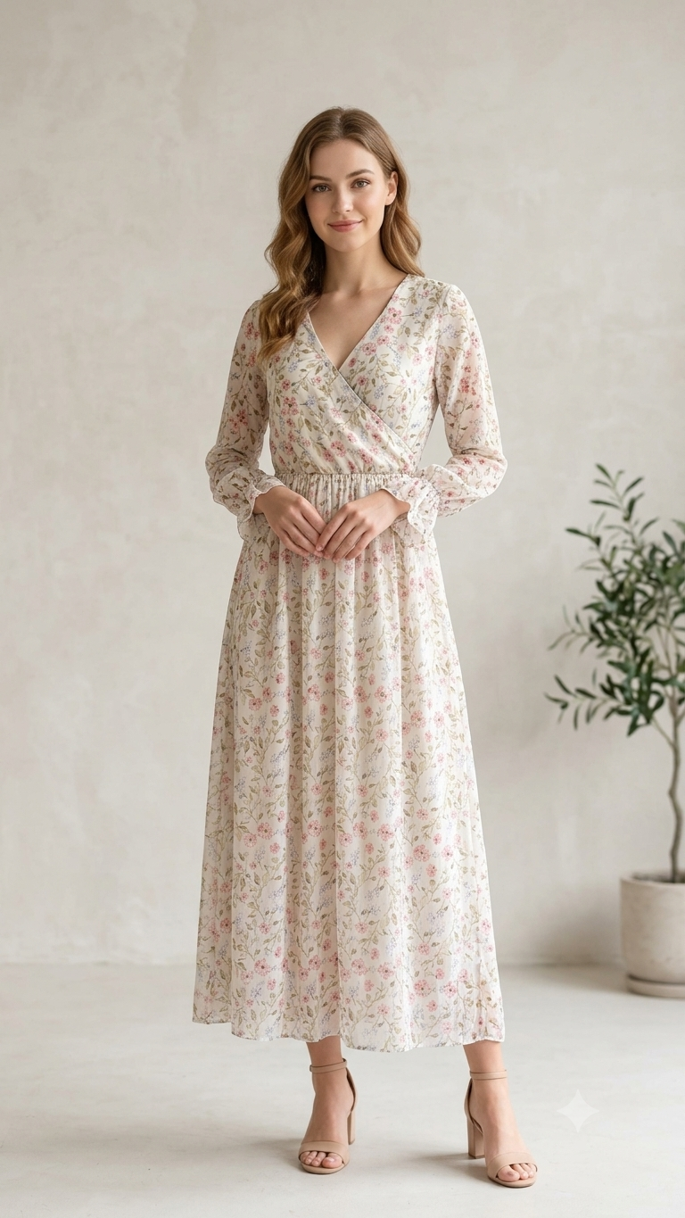 Ivory Floral Wrap Maxi Dress (Women)