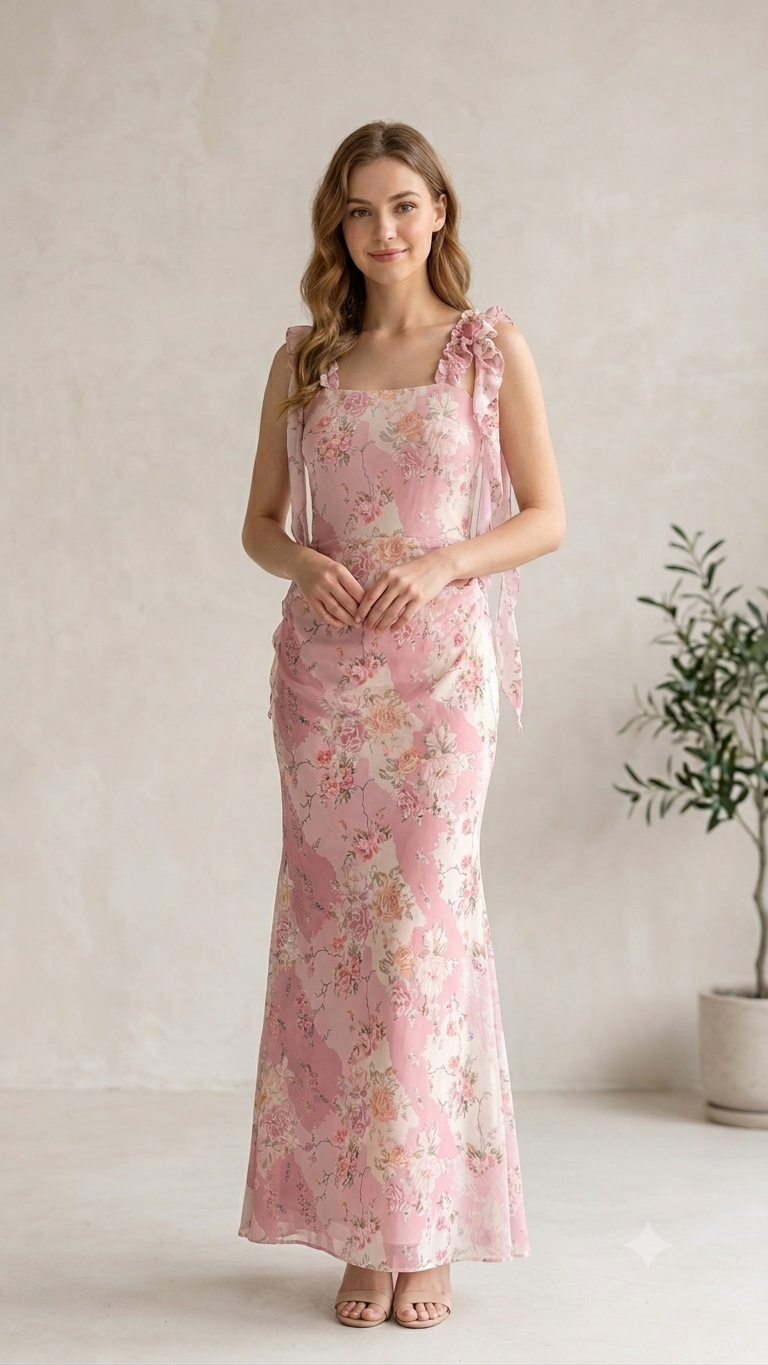 Blush Floral Ruffle-Strap Maxi Dress (Women)
