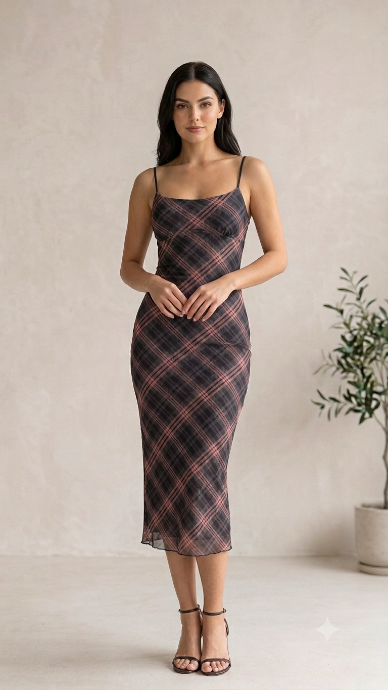 Charcoal Plaid Mesh Midi Slip Dress (Women)