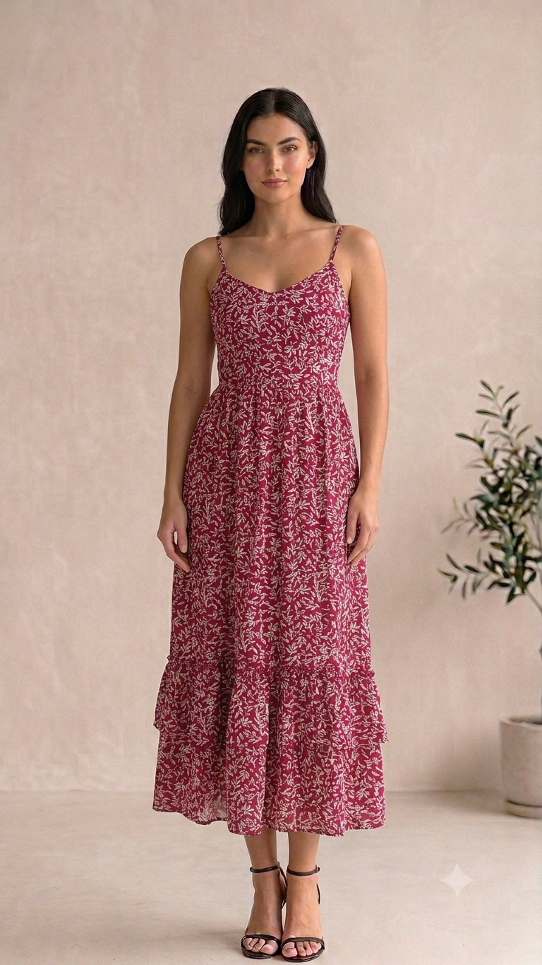 Berry Leaf-Print Cami Maxi Dress (Women)