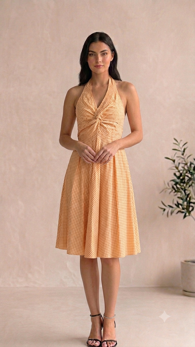 Golden Gingham Halter Fit-and-Flare Dress (Women)