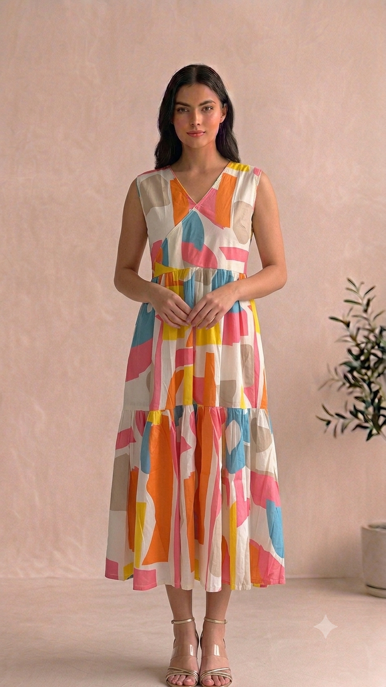 Multicolour Abstract Print Tiered Midi Dress (Women)