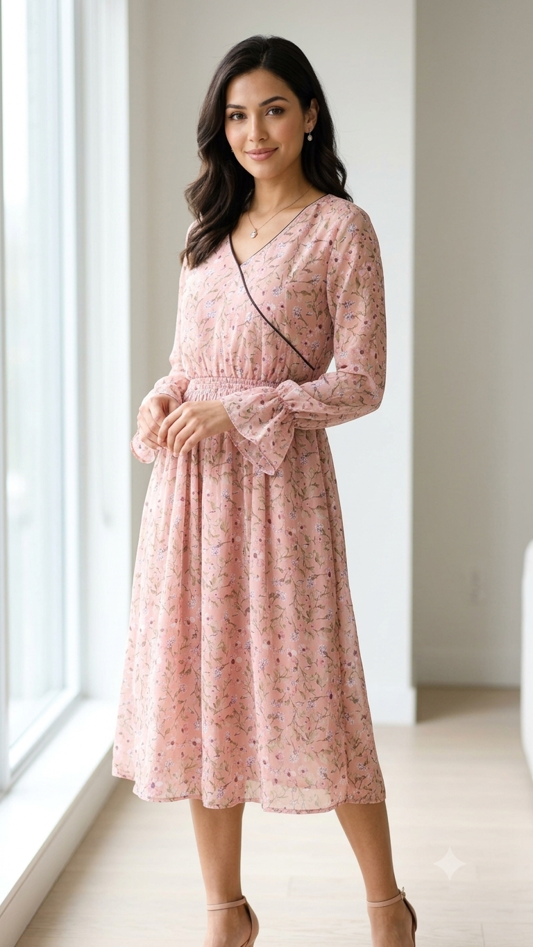 . Dusty Pink Floral Tie-Sleeve Midi Dress (Women)