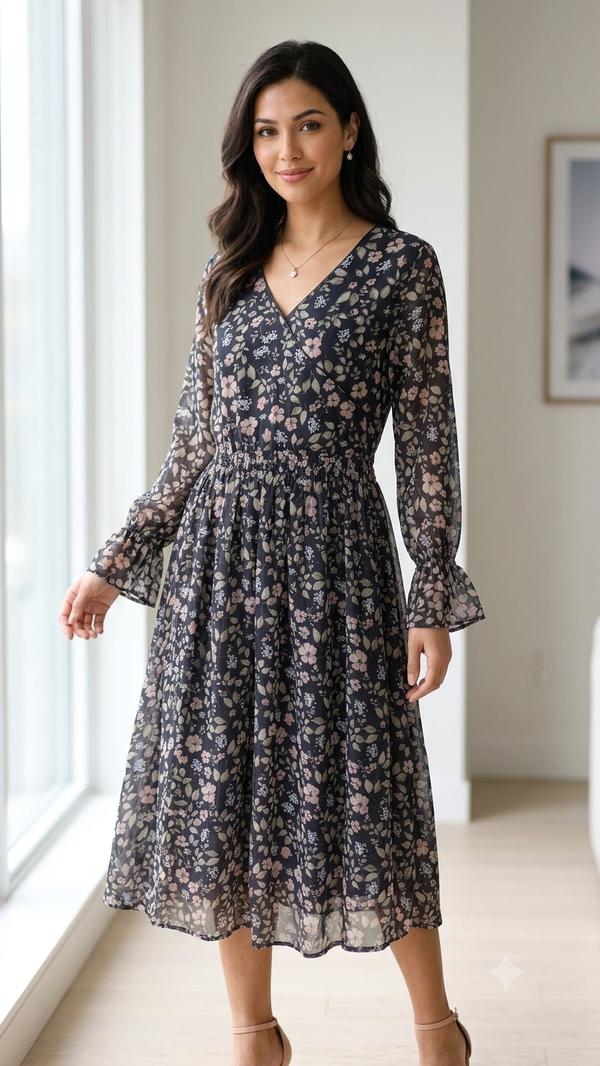 Black Floral Bell-Sleeve Midi Dress (Women)