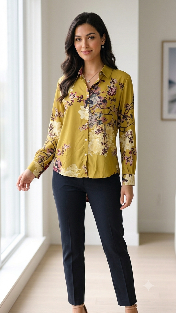 Chartreuse Floral Silk-Feel Blouse (Women)