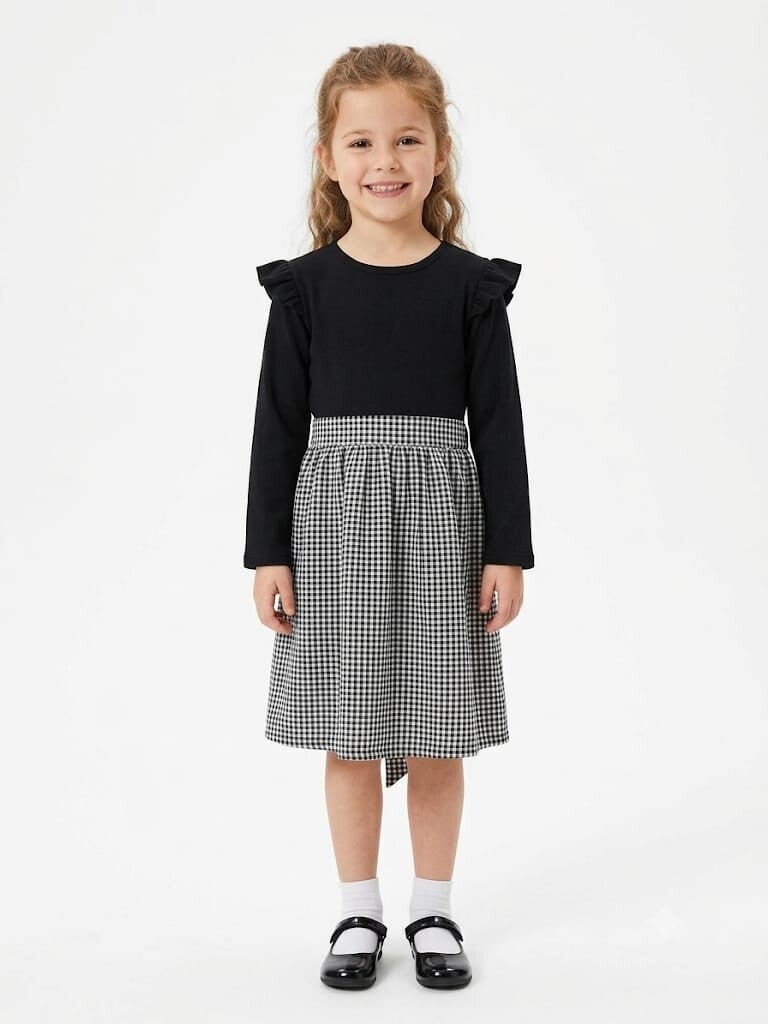 Black Ruffle-Shoulder Gingham Dress (Kids)