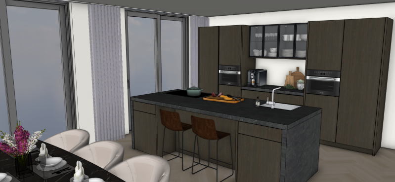 3d tekening sketchup keuken met kookeiland uitgevoerd in donker hout