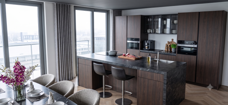 3d render keuken met kookeiland uitgevoerd in donker hout