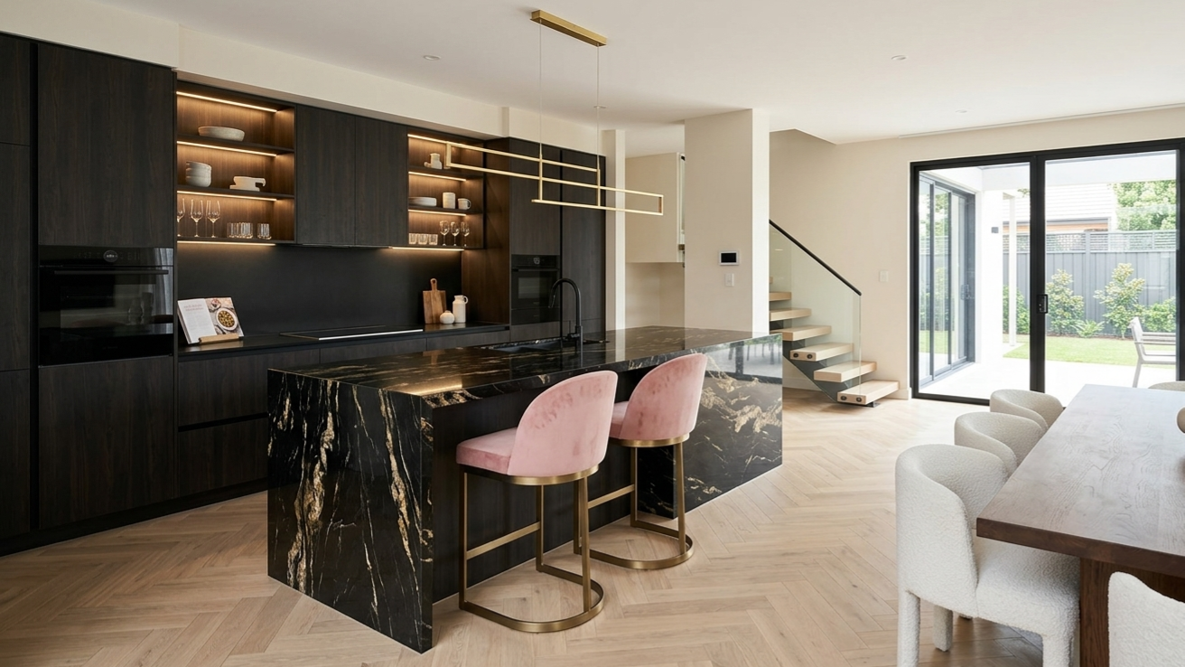 Keuken donker hout met zwart marmer kookeiland