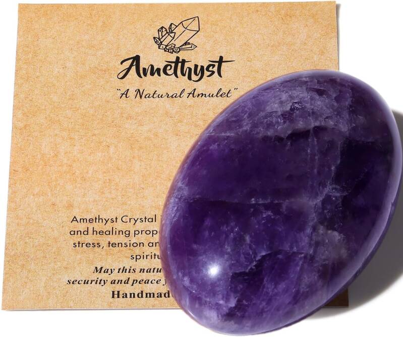 Amethyst palm stone used for stress relief, spiritual protection, and third eye chakra healing.
