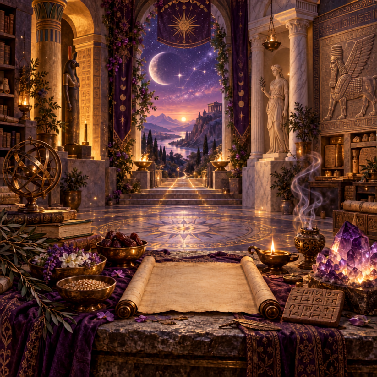 Ancient temple archive with sacred offerings, scrolls, celestial carvings, incense, and glowing amethyst beneath a violet sky.