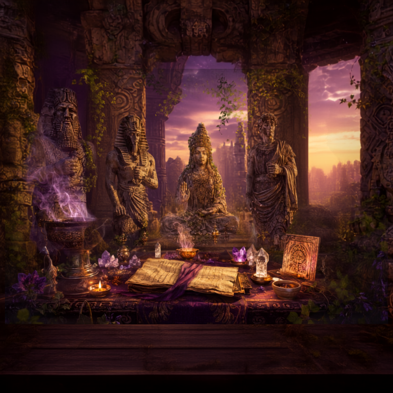 Ancient deity statues surrounding a candlelit ritual altar with sacred objects, crystals, incense and weathered manuscripts.