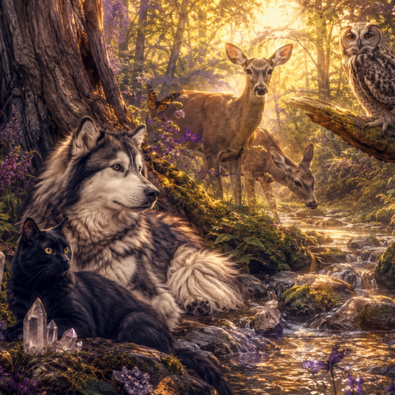 Husky and black cat resting near deer, an owl and butterflies beside a woodland stream at golden hour.