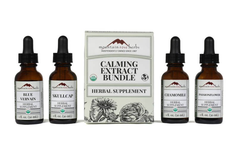 Mountain Rose Herbs Calming Extract Bundle with passionflower, skullcap, and chamomile — natural support for relaxation, sleep, and stress relief.