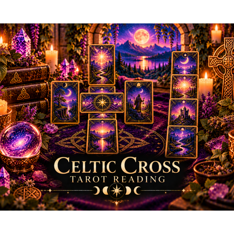 Mystical Celtic Cross tarot reading with a traditional card spread, Celtic symbolism, purple crystals, glowing candles, and celestial imagery.