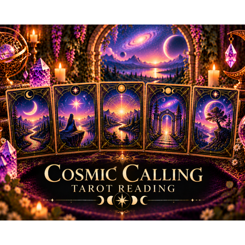 Mystical Cosmic Calling tarot reading with celestial cards, cosmic pathways, glowing portals, planets, purple crystals, and candles symbolizing purpose and spiritual direction.