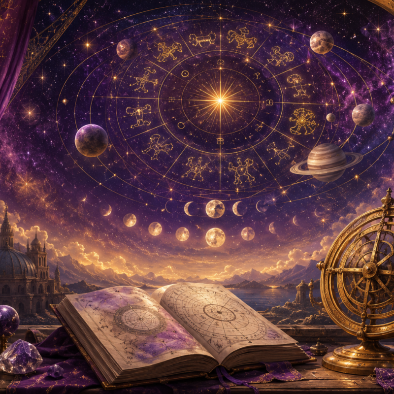 Golden zodiac wheel, planets and moon phases above an open astrology journal and antique brass astrolabe.