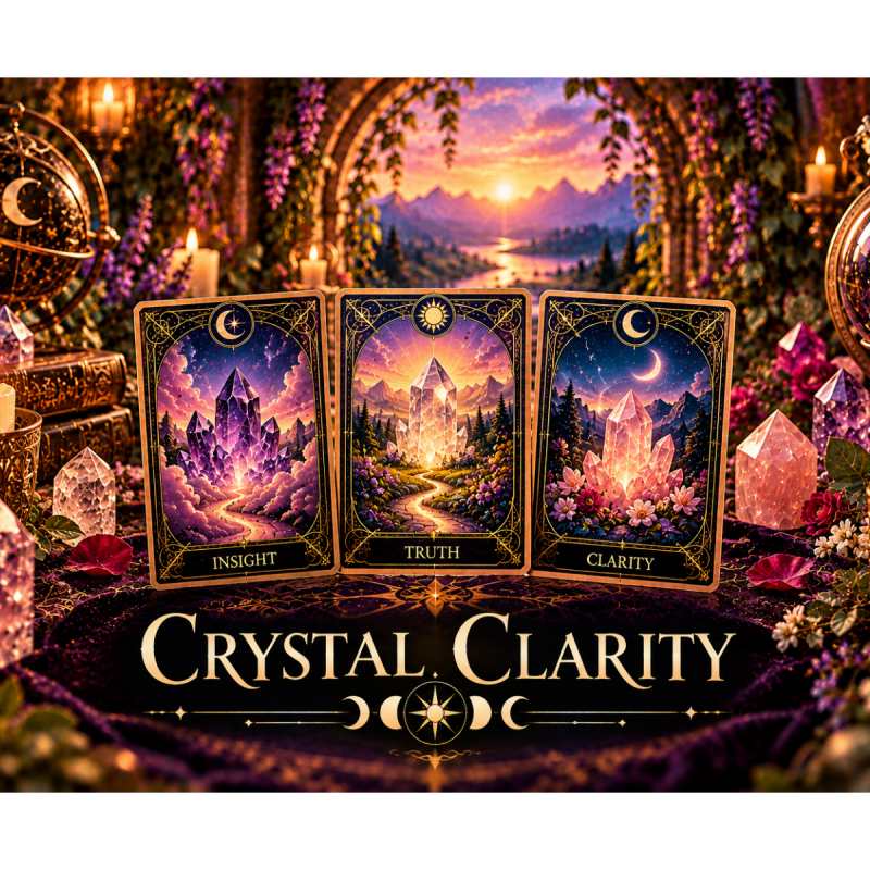 Mystical Crystal Clarity tarot reading with celestial cards, glowing crystals, candles, and a radiant path symbolizing insight, truth, and clarity.