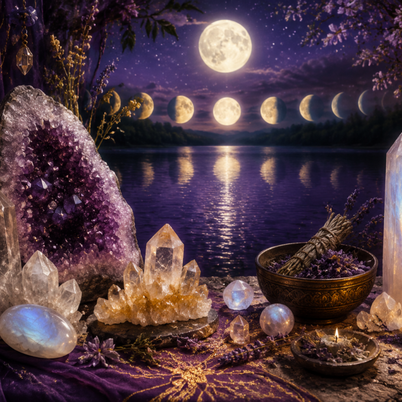 Moonlit crystal altar beside still water with amethyst, clear quartz, herbs, candles and the phases of the moon.