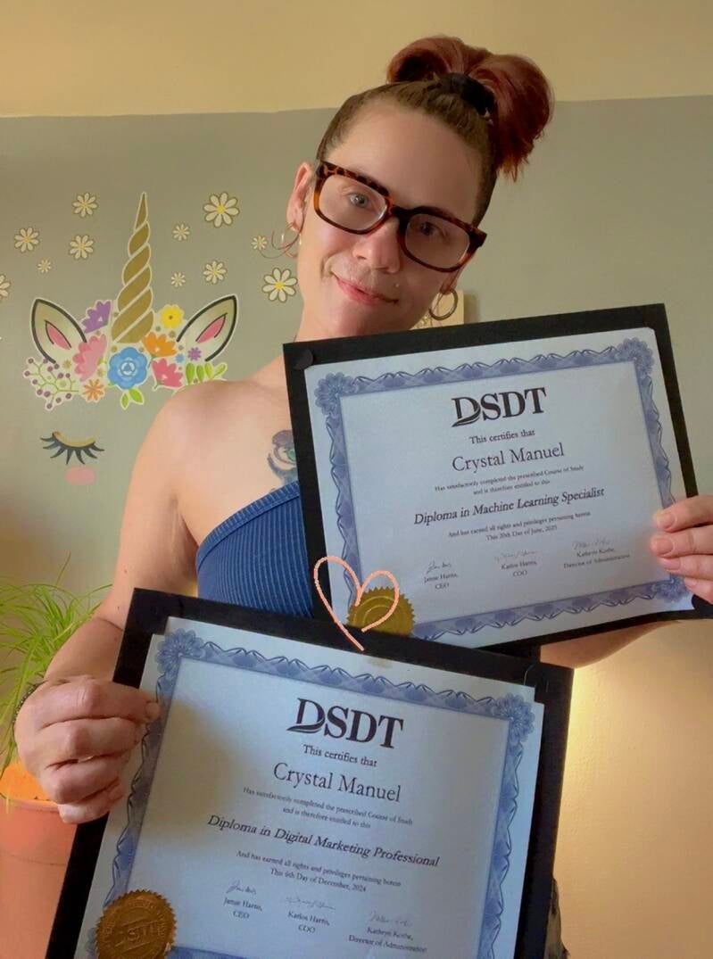 Crystal smiling while holding two framed digital marketing certificates representing her learning, creativity, and work toward building a new beginning from home.