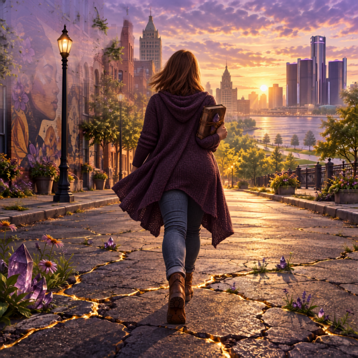 Auburn-haired woman carrying a binder along a gold-repaired Detroit street toward a bright sunrise and riverfront skyline