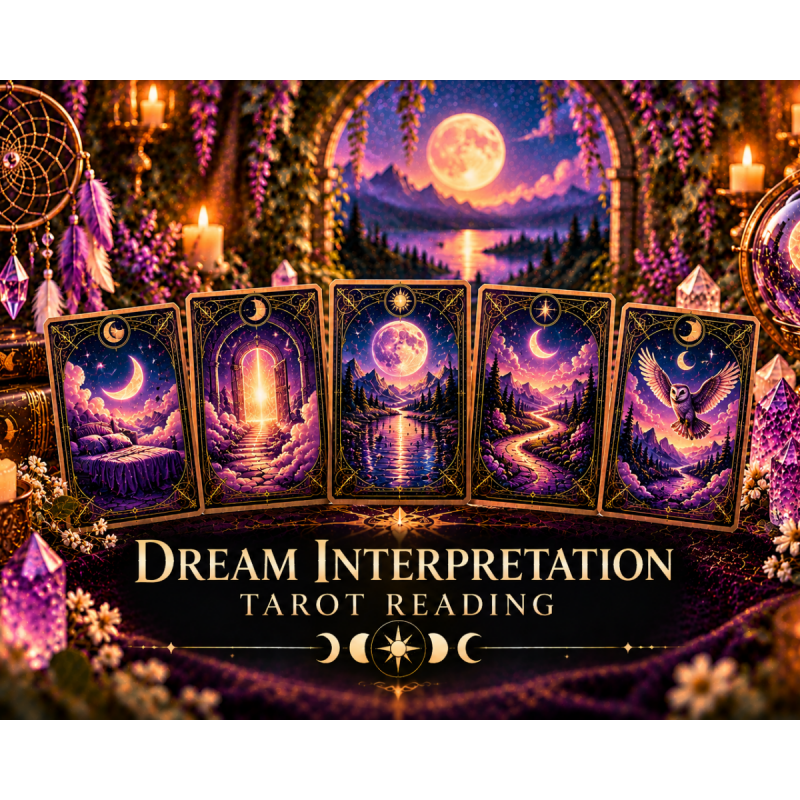 Mystical Dream Interpretation tarot reading with five celestial cards, moon imagery, a dreamcatcher, glowing crystals, candles, and symbolic dream pathways.