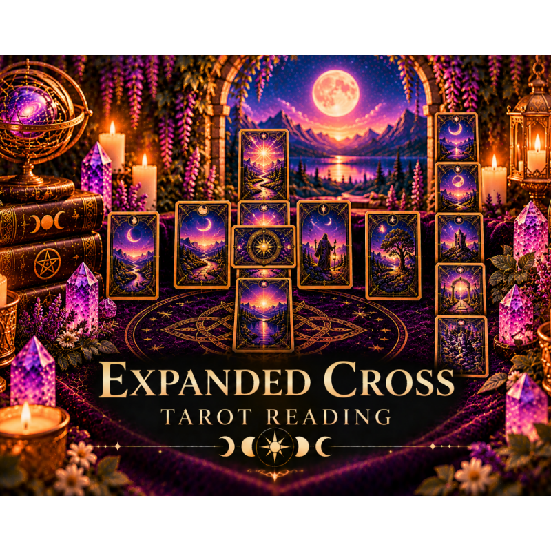 Mystical Expanded Cross tarot reading with an intricate card spread, purple crystals, glowing candles, celestial symbols, and moonlit spiritual imagery.