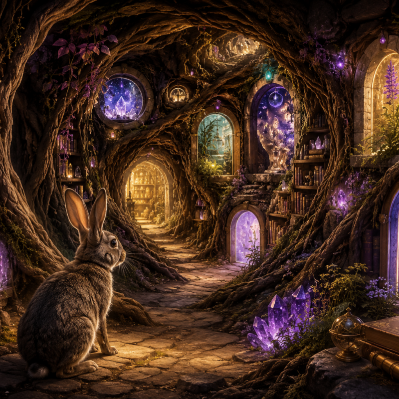 Rabbit entering a magical underground library filled with branching paths, glowing doorways, books and crystals.