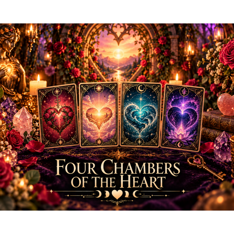 Mystical Four Chambers of the Heart tarot reading with four heart-themed cards, roses, glowing candles, crystals, and a heart-shaped archway.
