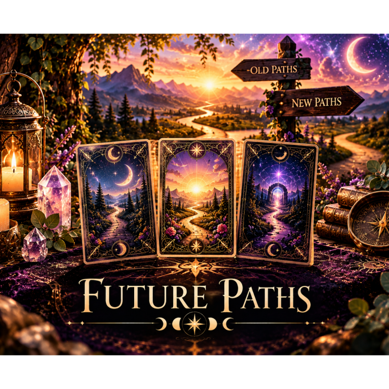 Mystical Future Paths tarot reading with three celestial cards, branching paths, glowing lanterns, purple crystals, and signs pointing toward old and new paths.