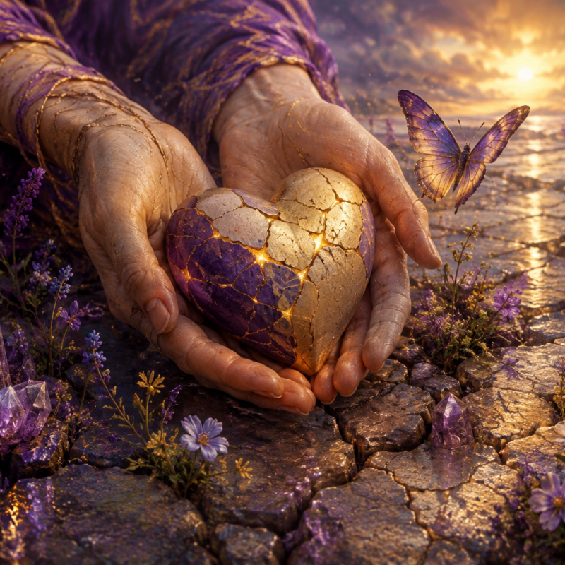 Hands holding a purple and gold mended heart beside wildflowers and a butterfly in warm sunrise light.