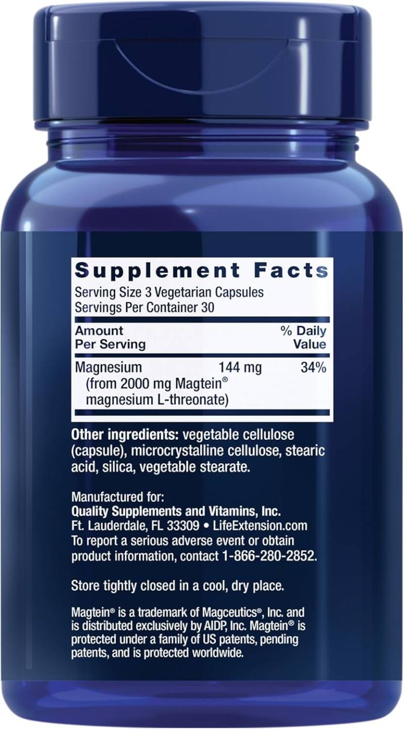 A back view of the Life Extension Neuro-Mag Magnesium L-Threonate bottle, displaying the supplement facts, ingredient list, recommended dosage, and quality certifications, ensuring transparency and purity.