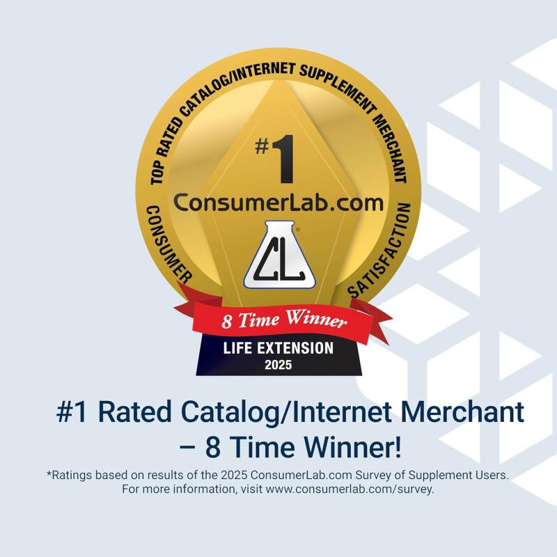 A badge highlighting Life Extension Neuro-Mag Magnesium L-Threonate as an 8-time winner and rated #1 by ConsumerLab.com, showcasing its top-rated quality, effectiveness, and consumer trust in brain health supplements.