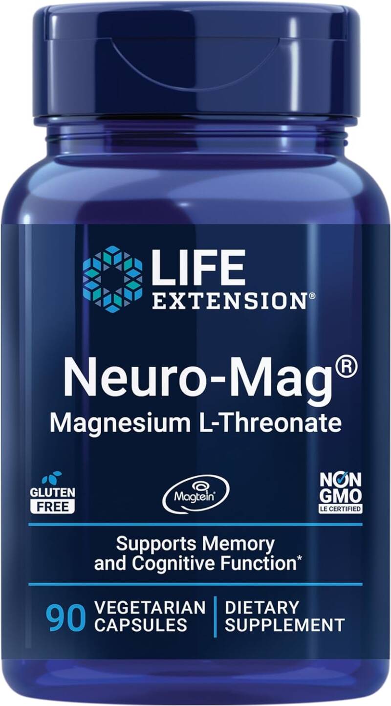 A front view of the Life Extension Neuro-Mag Magnesium L-Threonate bottle, featuring its blue label with product name, key benefits for memory, cognitive health, and quick thinking, and the number of vegetarian capsules inside.