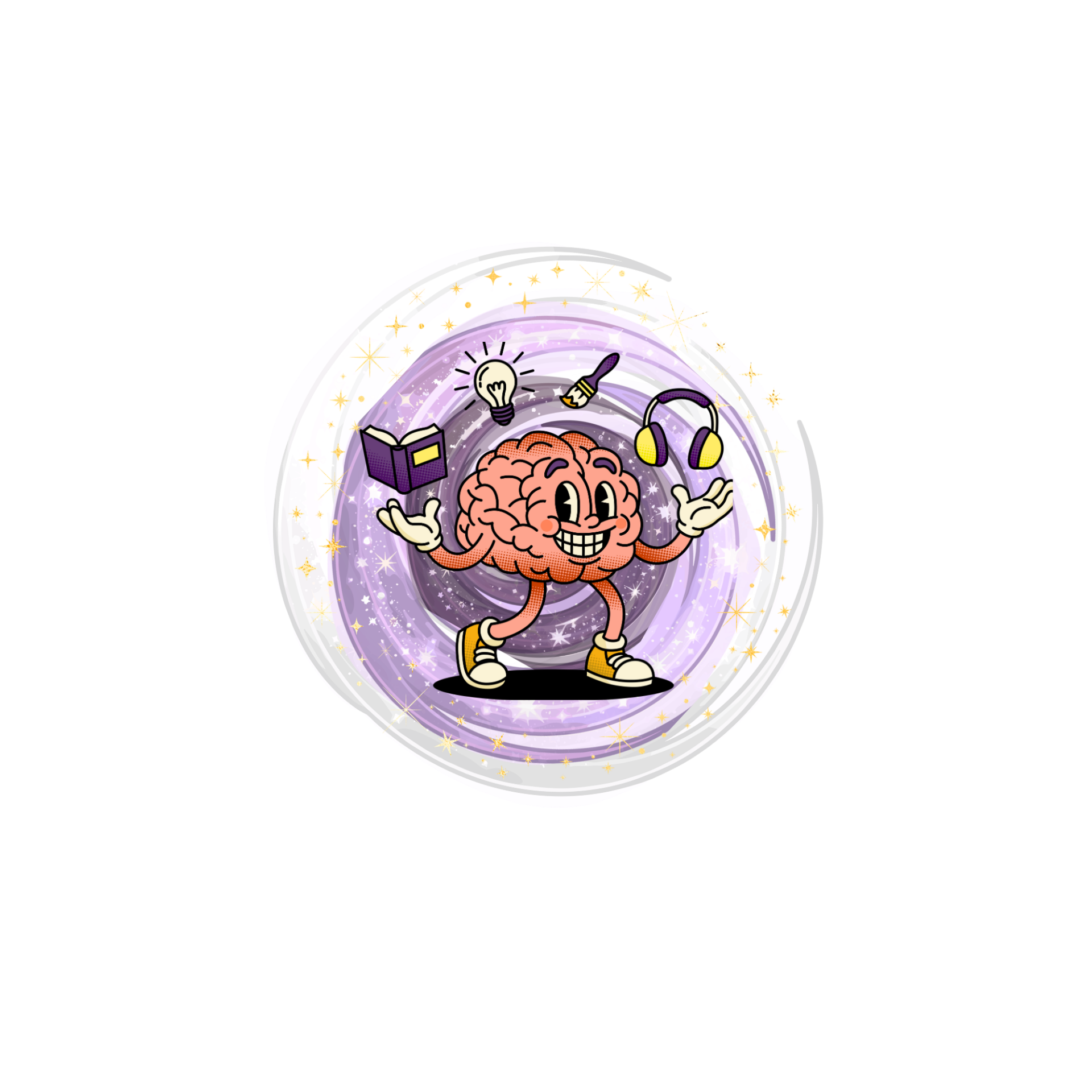 The Alchemy Community logo featuring a smiling cartoon brain surrounded by books, art, music, ideas, sparkling purple swirls, and rainbow colors.