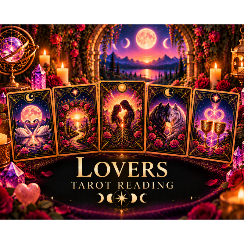 Mystical Lovers Tarot Reading with romantic tarot cards, roses, swans, wolves, glowing chalices, purple crystals, candles, and celestial love symbolism.