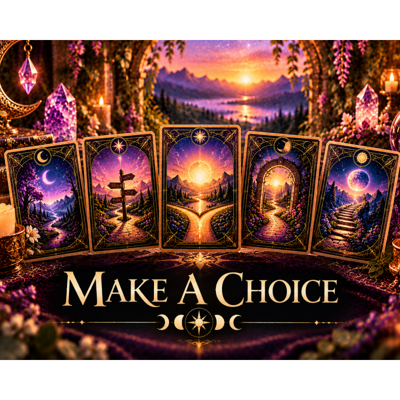 Mystical Make A Choice tarot reading with five celestial cards showing crossroads and different paths, surrounded by glowing crystals, candles, and cosmic imagery.