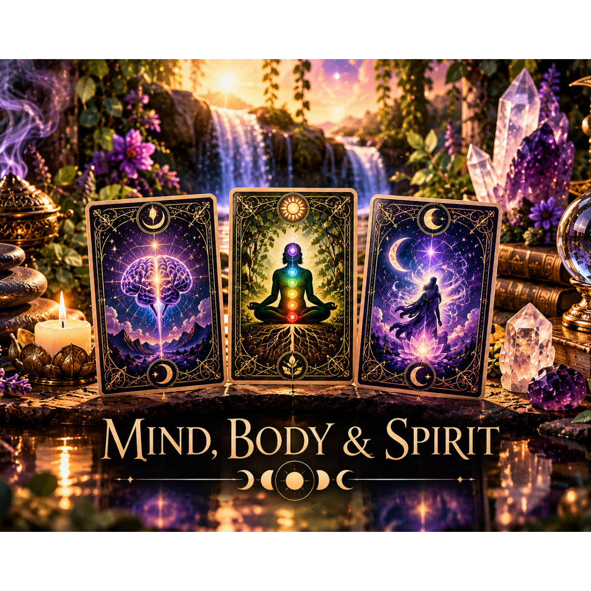 Mystical Mind, Body & Spirit tarot reading with three celestial cards representing the mind, chakra-aligned body, and spirit, surrounded by crystals, candles, and purple cosmic imagery.