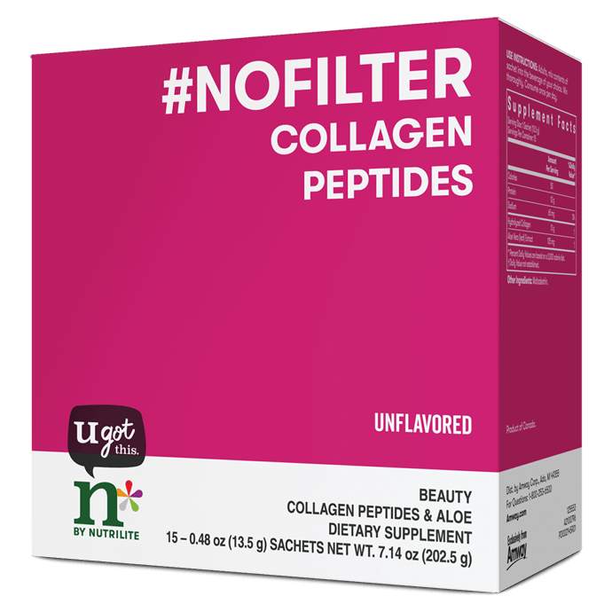n by Nutrilite™ #NoFilter Collagen Peptides container, supporting glowing skin, hair, and joint health from within.