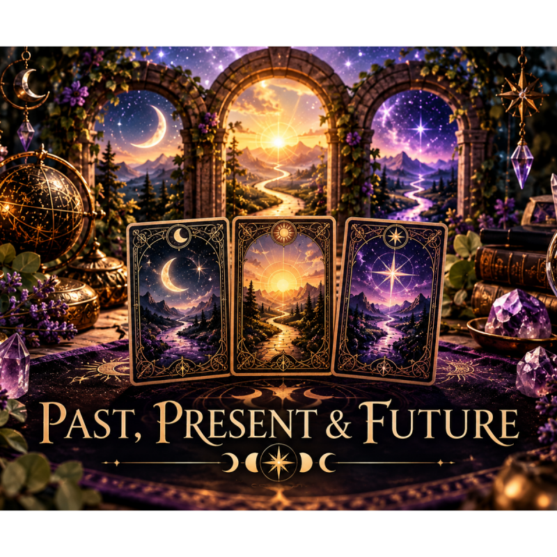 Mystical Past, Present & Future tarot reading scene with three celestial tarot cards, glowing archways, purple crystals, candles, moon and star imagery.