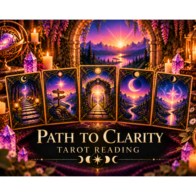 Mystical Path To Clarity tarot reading with celestial cards showing pathways, crossroads, and a glowing portal, surrounded by purple crystals, candles, and cosmic imagery.