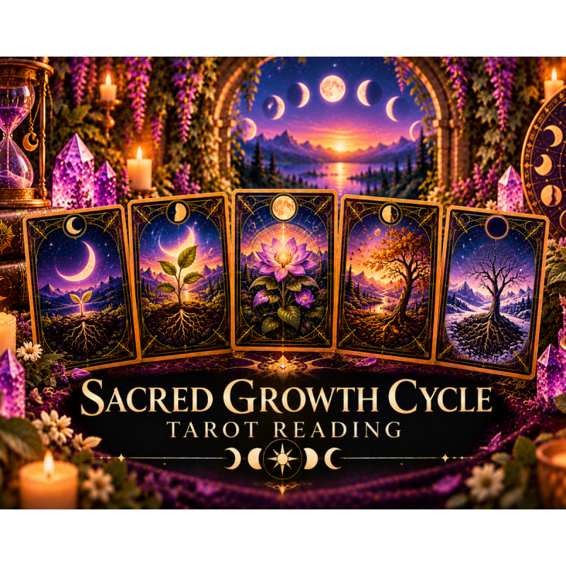 Mystical Sacred Growth Cycle tarot reading with cards showing seed, growth, bloom, harvest, and renewal, surrounded by crystals, candles, and moon phases.