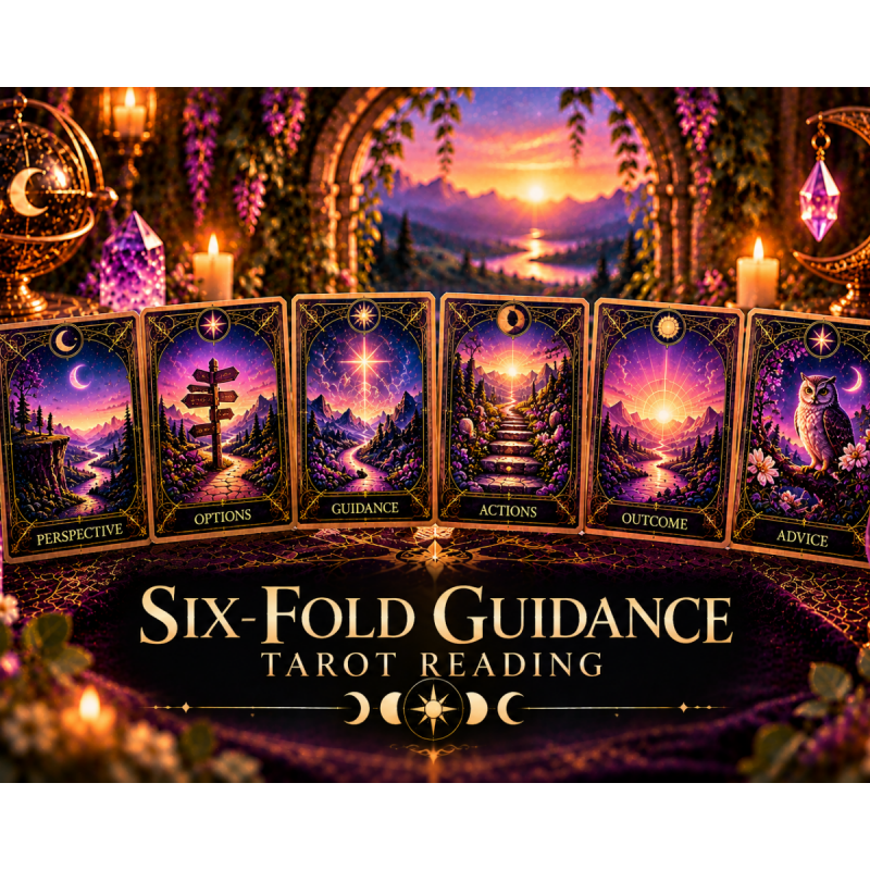 Mystical Six-Fold Guidance tarot reading with six celestial cards surrounded by glowing crystals, candles, purple flowers, and golden cosmic imagery.