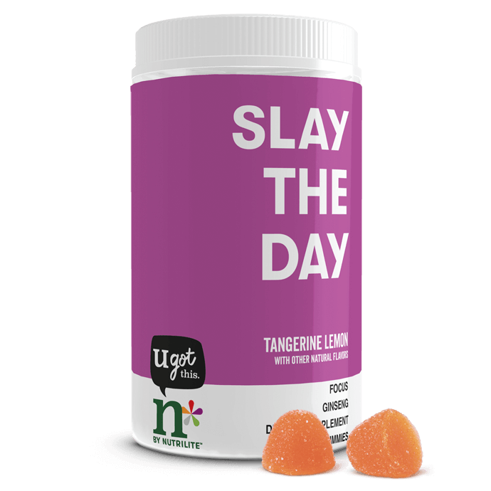 A bottle of n by Nutrilite™ Slay the Day – Focus Gummies promoting plant-based focus and mental clarity.