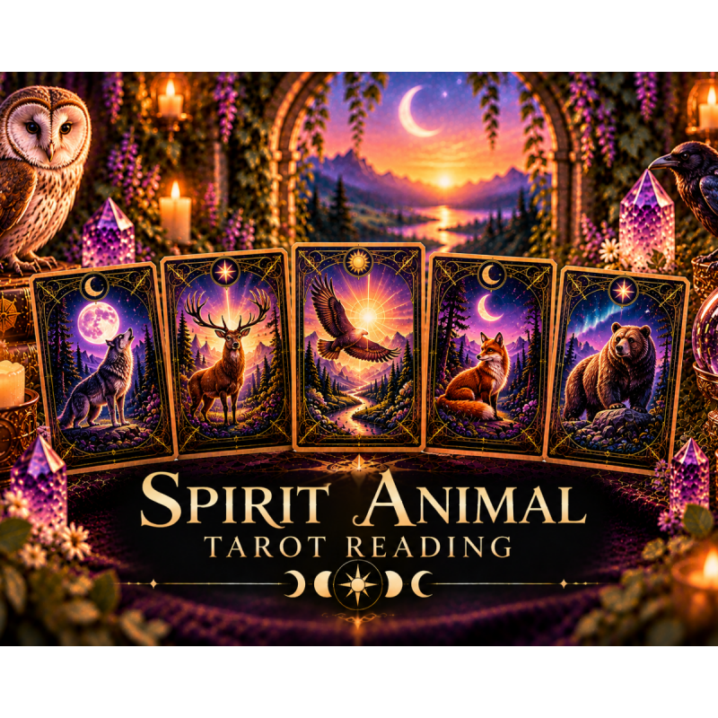 Mystical Spirit Animal tarot reading featuring wolf, deer, eagle, fox, bear, owl, and raven imagery surrounded by crystals, candles, and celestial symbols.